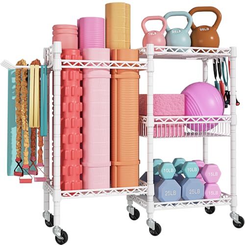 FUTASSI Home Gym Storage, 3 Tiers Workout Equipment Organizer with Wheels for Yoga Mats, Foam Roller, Dumbbells, Kettlebells, and Resistance Bands - color: White, size: Double-Row