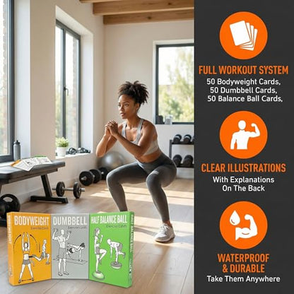 Workout Cards Bodyweight & Dumbbell & Half-Balance Ball - 150 Large 5"x3.5" Exercise Cards with 36 Strength Moves, Home & Gym Fitness Cards for Men & Women, Beginner Fitness Guide - color: e. Green2