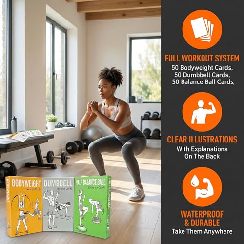 Workout Cards Bodyweight & Dumbbell & Half-Balance Ball - 150 Large 5"x3.5" Exercise Cards with 36 Strength Moves, Home & Gym Fitness Cards for Men & Women, Beginner Fitness Guide - color: e. Green2