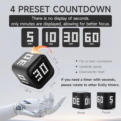 Rotating Productivity Timer, 5, 10, 30, 60 Minute Presets, Desk Cube | Gravity sensor with mute function; ADHD-friendly for work, study, kitchen and back to school - color: Blackb