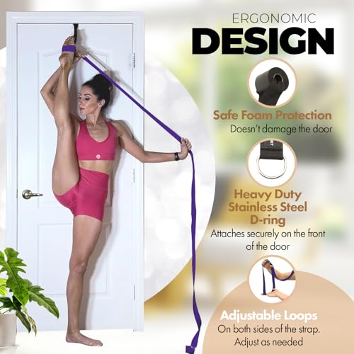 Pilates Stretching Strap with Door Anchor for Flexibility Training | Improve Leg Flexibility, Core Stability and Posture Alignment - Ideal for Pilates, Stretching, Mobility and Home Workouts - color: Purple