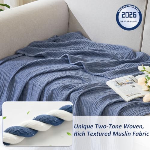EMME Muslin Blankets for Adults, Cotton Large Throw Blanket 4-Layer, Couch Breathable Gauze Soft Lightweight Bed Blankets, Two-Tone Weave Design, Pre-Washed Softer Touch (Heather Navy, 50"x70") - color: 01 - Navy, size: Large Throw (50" X 70")