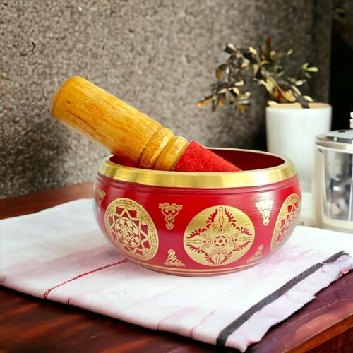 Nature's Own Tibetan Singing Bowl Set- Easy to Play- Meditation Sound Bowl Handcrafted in Nepal for Yoga, Mindfulness, Chakra Healing, Stress Relief- Spiritual Gifts for Women and Men (3.5 Inch, Red) - color: Red