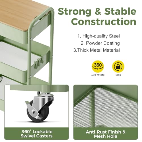 3 Tier Rolling Cart with Table top, Metal Rolling Utility Cart, Sturdy Storage Organizer Cart with Locking Wheels & Hooks for Office, Classroom, Kitchen and Bathroom - color: Green