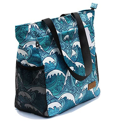 ESVAN Original Floral Tote Bag Large Shoulder Bag with Multi Pockets for Gym Travel Beach Daily Bags - color: A Wave