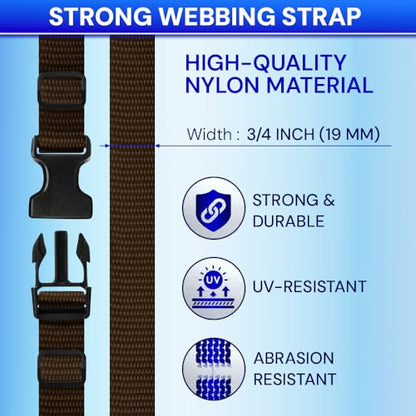 TECEUM 3/4" Nylon Strap Kit with Buckles, Brown 6 yards Repair Set | Heavy duty hardware kit: 6yd webbing, 6 quick release buckles, 12 tri-glide slide clips, 6 metal D-rings for crafting. - color: Brown, size: 3/4" - 6 yards, style: 6 Buckle - 12 Slides -
