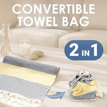 ATANI Turkish Beach Towel, Converts to a Bag, Oversized 100% Cotton Bath Towels Lightweight Quick-Dry Beach Blanket for Travel, Picnic, Camping, Yoga and Pool (Black x Yellow, 71 inc x 39 inc) - color: Black X Yellow, size: 71 inc x 39 inc