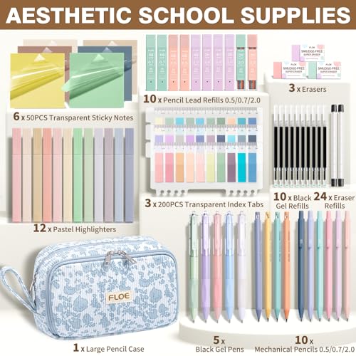 62PCS Aesthetic School Supplies Cute Back to School Supplies Stationary Set | College Preppy Essentials Kit with Large Pencil Pouch Case, Pastel Highlighters Gel Pens Mechanical Pencils for Student Girls - color: Blue Floral