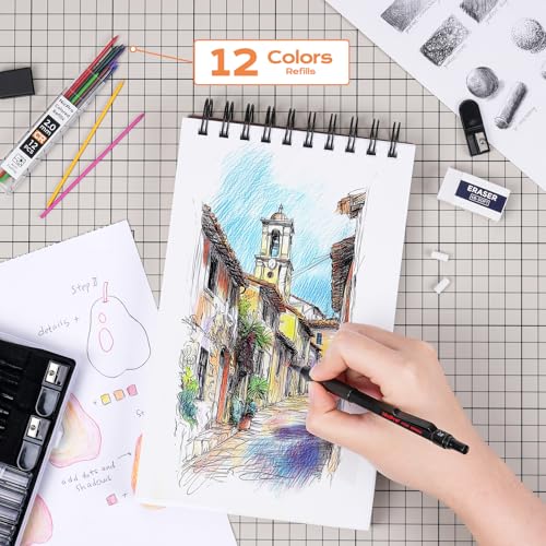 Nicpro Black Art 5PCS Mechanical Pencil Set, Metal Drawing With Lead Eraser | Pencils 0.3, 0.5, 0.7, 0.9 mm & 2mm Graphite Holder For Sketching Drafting With 9 Tubes (4B 2B HB 2H Colors) Refills Case - color: Black, style: 0.3 0.5 0.7 2.0