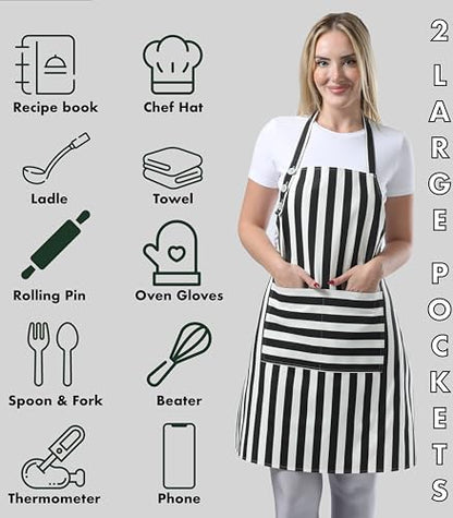 TOSHEX Kitchen Apron Cotton Waterdrop Resistant Adjustable Button Women Men | Premium Cotton Cooking Apron with Pocket. Striped, Gift, Black - color: Black