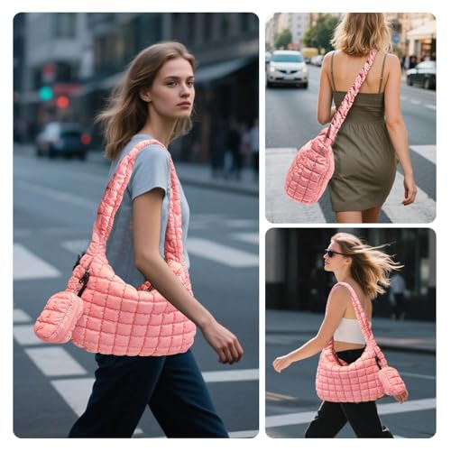 Puffer Tote Bag for Women, Large Quilted Puffer Bag with Pouch, Puffy Quilted Hobo Bag, Puff Crossbody Purse - color: 2-pink