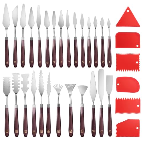 27Pcs Palette Knife with 6 Pcs Plastic Scrapers, 401 Stainless Steel Spatula Palette Knife for Oil, Canvas, Acrylic Painting & Cake Decorating, Color Mixing & Blending Wood Handle