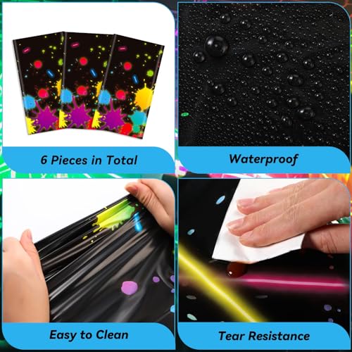 VitalCozy 6 Pcs 80s Neon Glow in The Dark Tablecloths for Party Supplies | Disposable Neon Table Cloths, 54 x 108 Inch, Plastic, Glow Party Table Covers, Halloween, Birthday, Black Light Party