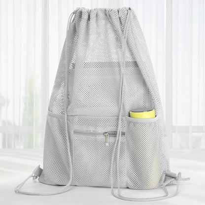 NATURAL STYLE Mesh Drawstring Backpack Bag, Gym Sports Bag with Zipper Pocket Bottle Holder, String Beach Bag for Swiming Travel (Grey) - color: Grey