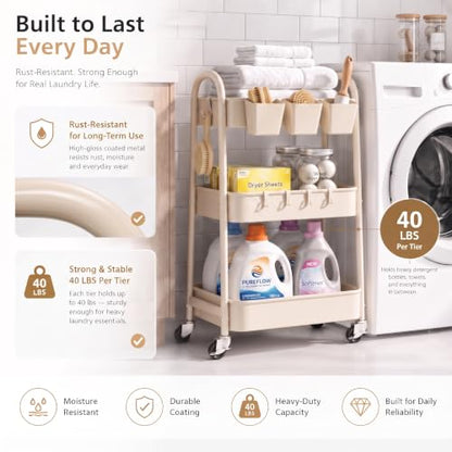 Beige 3 Tier Rolling Cart Metal with Wheels,Tan Three Tiered Bedside Carts | Utility Storage Organizer Trolley on Wheels for Art, Craft, Diaper Caddy,Nursing,Postpartum,Baby Essentials,Bathroom Supplies - color: Light Beige