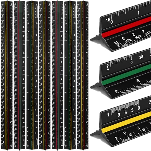 Macarrie 10 Pcs Architectural Scale Ruler 12" Architect Engineers Scale Triangular Ruler Set Aluminum Metal Rulers with Imperial Measurements for Architect School Student Draftsman Engineer (3 Colors) - color: 3 Colors