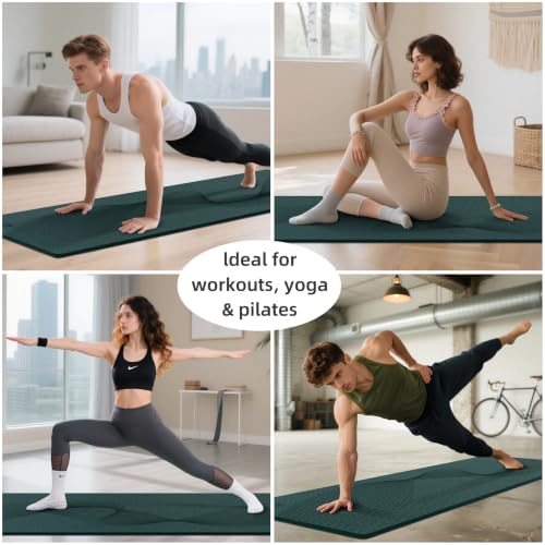 ILILI Exercise Mat 72''x25''×0.3''(8MM) | Compact Eco Friendly TPE Yoga Mat for Pilates & Fitness, Tear Resistant with Carry Strap for Home Gym Studio Stretching - color: Dark Green