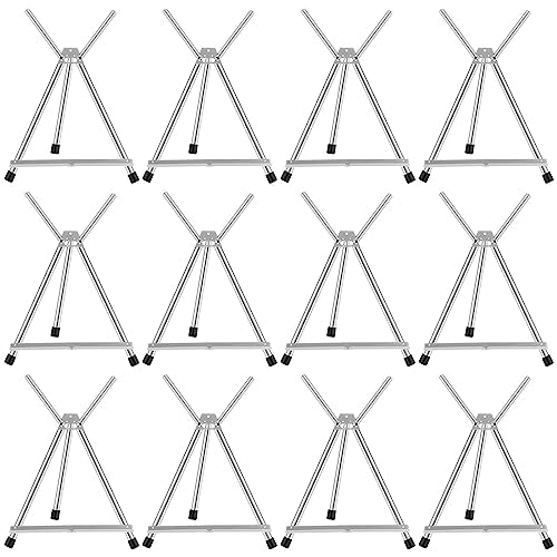Xinnun 12 Pcs Aluminum 15'' to 21'' High Tabletop Easel Display Adjustable Portable Tripod Desktop with Extension Arm Wings and Rubber Feet for Canvas, Paintings Suitable for School Studio (Silver)