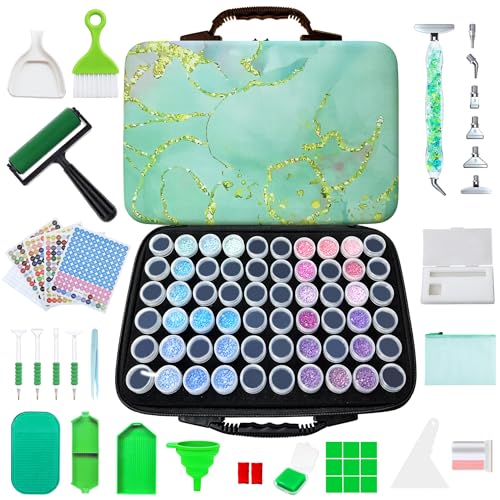 Muzagroo Art Diamond Painting Storage Containers, Diamond Art Storage Case with Accessories and Tools, Portable Shockproof 60 Slots Organizer Case for Diamond Painting Kits M (Green-Deluxe) - color: Green-Deluxe Set, size: 60 Jars