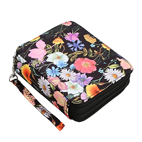 72 Slots Pencil Case Organizer w/Removal Handle Strap | 3-Layer Zipped Pencils Box Large for Colored Pencils Watercolor Pencils for Office and Travel for Artist - color: Black + Flower