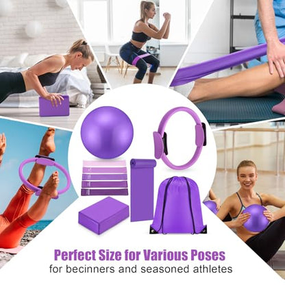 Silipull 10 Pcs Pilates Ring Blocks Set for Women Home Yoga Equipment Accessories Pilates Ring Circle and Ball Workouts Gift Include Ball Yoga Circle Resistance Bands Block Straps Gym Bag - color: Purple