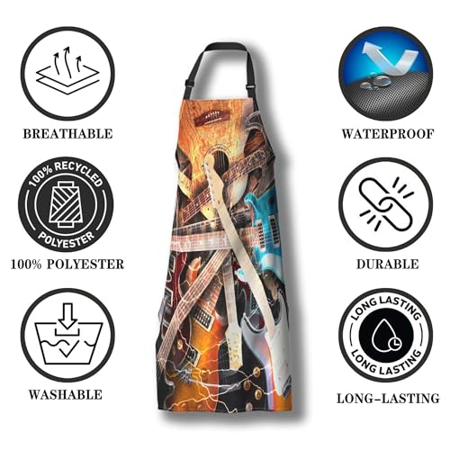Funny Aprons for Adults Women Guitar Surrounded with the Lightnings Women Apron for Kitchen Cooking Restaurant BBQ Painting Crafting Gardening 27” (W) x 31” (H), Waterproof Apron - color: Guitar