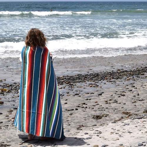 Open Road Goods Authentic Mexican Serape Blanket – 100% Cotton Falsa Throw - Multi-Color Handmade Blanket/Classic Striped Falsa Beach Blanket (Blue) - color: Blue