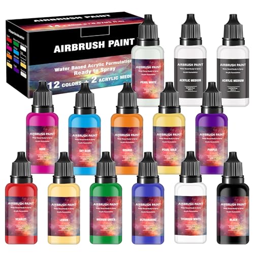 Airbrush Paint - 12 Colors Airbrush Paint Set with 2 Tinner, Plastic & Wood Acrylic Air brush Paint Kit Ready to Spray, Water-Based for Artists Beginners Hobbyist, 0.67 Fl Oz/20ml - color: 12 colors+2 thinner
