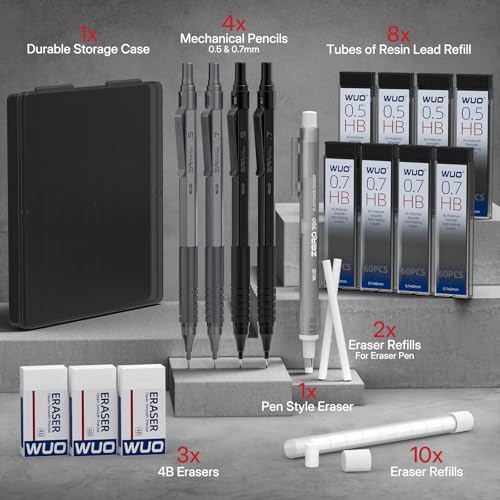 WUO Mechanical Pencil Set, 4 Pack 0.5mm & 0.7mm Metal Drafting Pencils | Mechanical pencils with 480 HB leads, eraser pen, 4B erasers, case for technical drawing, sketching, writing & school - color: Black+Grey
