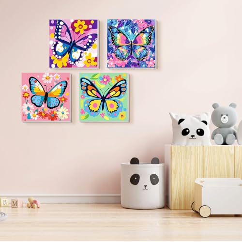 TOSTOG 4 Pack Paint by Number for Kids with Wooden Frame, DIY Butterfly Paint by Numbers for Kids Ages 8-12, Acrylic Oil Painting Kits Easy Paint by Number for Gift Home Wall Decor 8in X 8in - color: Butterfly
