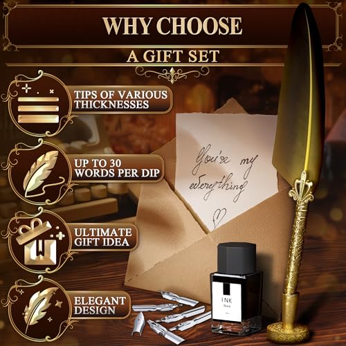 Quill Pen and Ink Set with 5 Nibs, Stainless Steel Dip Pen, Stand | Golden Writing Quill and Ink Set with Gift Box; Anti-Slip Patterned Grip for Signing & Writing | Calligraphy Gift - color: Gold