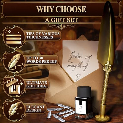 Quill Pen and Ink Set with 5 Nibs, Stainless Steel Dip Pen, Stand | Golden Writing Quill and Ink Set with Gift Box; Anti-Slip Patterned Grip for Signing & Writing | Calligraphy Gift - color: Gold
