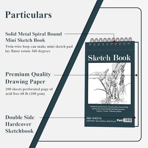 Fuxi Small Sketch Book, Spiral-Bound Sketchbook 5.5 x 8.5 2-Pack 200 Sheets | Small Sketchbook, 100 Sheets Each, 68lb/100gsm Drawing Paper Pad, Small Sketch Pads for Drawing for Adults, Kids & Beginners. - color: Aegean Blue