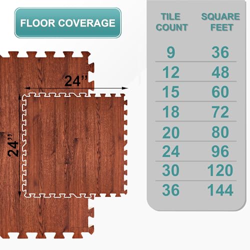 Sorbus Interlocking Wood Grain Foam Floor Tiles (20 Pack, Mahogany) | 3/8-inch EVA floor mats with borders suit playrooms, basements and home gyms, plus trade show flooring and dance areas. - color: Wood Grain - Mahogany, size: 20 Pack