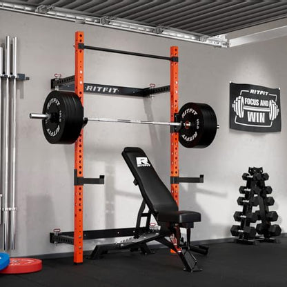 RitFit 2.36'' x 2.36'' Folding Squat Rack for Home Gym, Wall Mounted Squat Rack with Attachments - Space Saving Squat Power Rack - color: Orange, style: Folding Squat Rack with Safebar
