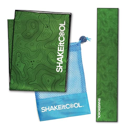 SHAKEitCOOL Original Cooling Towel – Be Cool in Style - Heat Relief, Soft, Lightweight, Sun Protection, Easy Clean - Perfect for Biking, Running, Yoga, Gym, Gardening - Green Topo - color: Green Topo