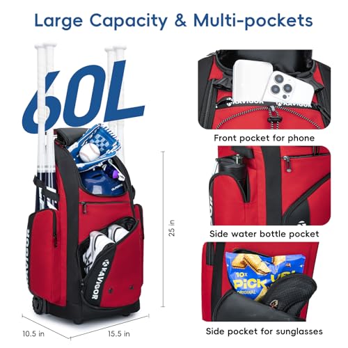KAVIGOR Rolling Baseball Bag with Wheels, 60L Capacity Softball Bag Holds 4 Bats for Boys and Girls, Youth Equipment Bag with Shoe Compartment - color: Red