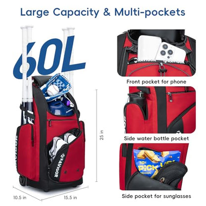 KAVIGOR Rolling Baseball Bag with Wheels, 60L Capacity Softball Bag Holds 4 Bats for Boys and Girls, Youth Equipment Bag with Shoe Compartment - color: Red