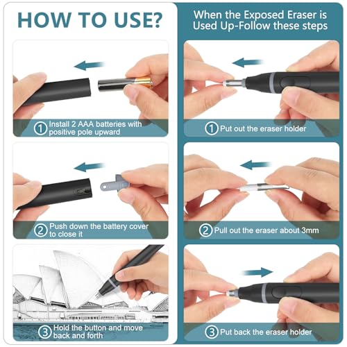 Electric Eraser, Battery Operated Pencil Eraser with 220 Refills | 2 Eraser Sizes, Comfort Grip Electric Eraser for Drawing, Art Erasers for Artists, Students, Sketch & Engineers, Black