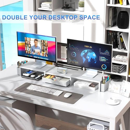 gianotter Dual Monitor Stand Riser With Drawer and 2 Pen Holders - color: White