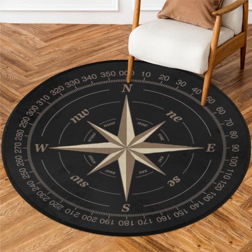 Compass Rose Round Area Rug 5Ft Artwork Black Circle Carpet Floor Mat - color: Compass, size: 5 ft