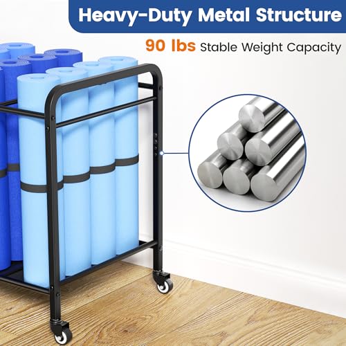 Heavy-Duty Rolling Yoga Mat Storage Cart, Holds 16+ Mats, Commercial-Grade Floor-Standing Metal Yoga Mat Rack for Gym,Fitness Classes, Yoga Studio & Home Gym, Black