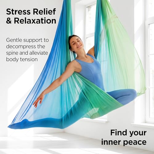 Blue-Green Gradient & Dark Green Aerial Yoga Hammock (400x180 cm / 157"x71"), Soft Silk Swing for Anti-Gravity Yoga, Inversion Therapy, Ideal for Strength, Flexibility Training and Stress Relief - color: Blue-green Gradient