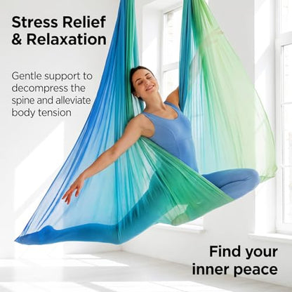 Blue-Green Gradient & Dark Green Aerial Yoga Hammock (400x180 cm / 157"x71"), Soft Silk Swing for Anti-Gravity Yoga, Inversion Therapy, Ideal for Strength, Flexibility Training and Stress Relief - color: Blue-green Gradient