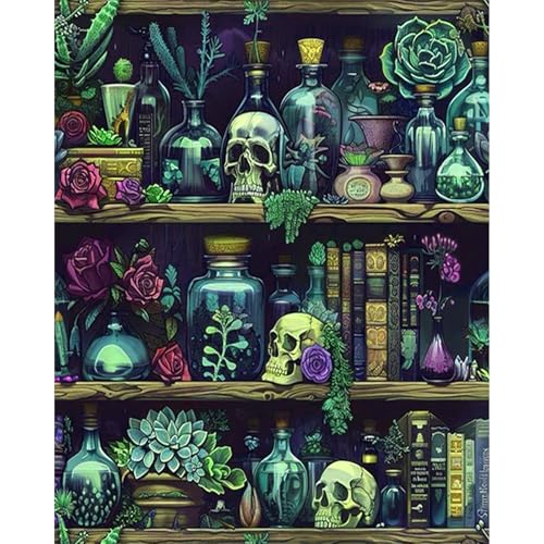 PHANTASYART Gothic Bookshelf Paint by Numbers Kit for Adults 16x20inch | Bookshelf Paint by Number Adult, Goth Skull Painting by Numbers for Adults, DIY Acrylic Painting Kits for Adults - color: Gothic Bookshelf, size: 16x20inch