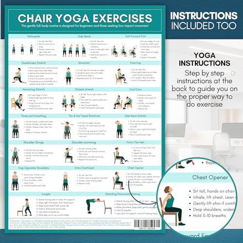 Chair Yoga Exercise Poster for Beginners & Seniors A3 | Double Sided Seated Yoga Chart with Instructions | Laminated Gentle Chair Exercises for Mobility & Flexibility