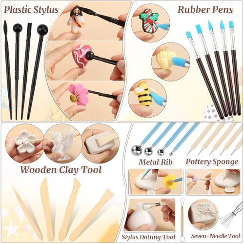 Natural Air-Dry Clay, 8 LBs Pottery Clay with 100ML Glaze Gloss Clay Varnish Protects and 27 PCS Pottery Tools Sculpting Tool Set, Air-Dry Clay Kit for Adults Beginner DIY Craft Gift