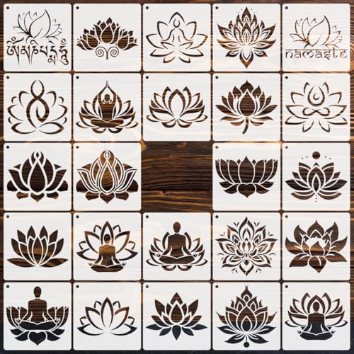 24pcs Lotus and Buddha Stencil Spiritual Symbol Templates Reusable Mandala Templates with Intricate Floral Design for DIY Wall Art, Wood Signs, Fabric, Canvas & Tile | Home Decor Craft Supplies