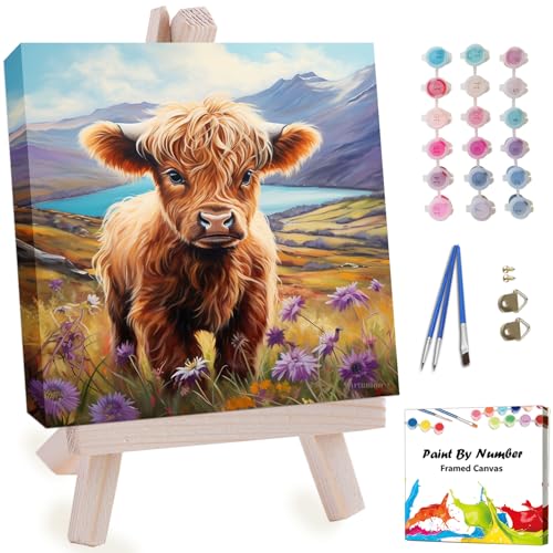 Artunion Framed Paint by Numbers Kit for Adults Beginners & Kids Ages 8-12,Highland Cow Paint by Number with Frame,Cow Animal Paint by Numbers Kit on Canvas 10 * 10 Inch Without Easel - color: ZXT-324-F