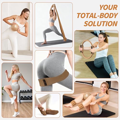 NANATI Pilates Kit, Home Pilates Workout Kit for Women, Pilates Equipment with 14.5"" Pilates Ring and Ball, Resistance Bands, Ankle Weights, Sliders & Grip Socks for Home Workouts - color: Mocha